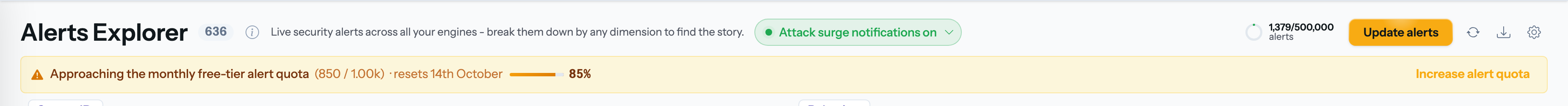 The amber quota band in the Alert Explorer at 85% of the monthly quota