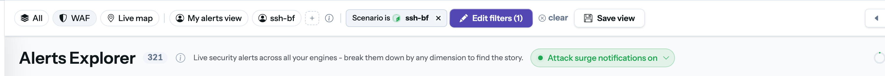 The views bar with an active filter and the Save view action